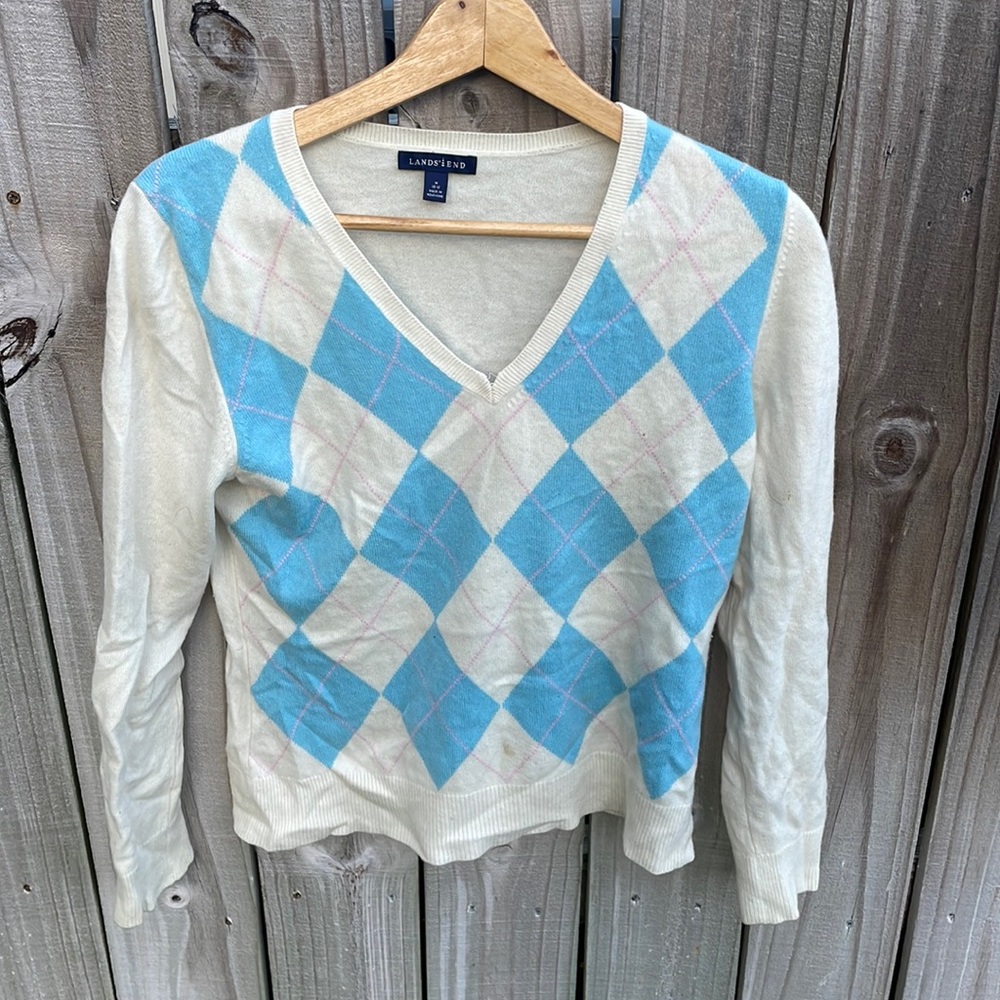 Lands’ End 100% Cashmere Checkered Argyle print V Neck Sweater